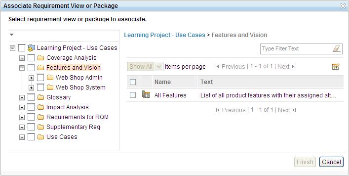 Associating requirements, packages, and views