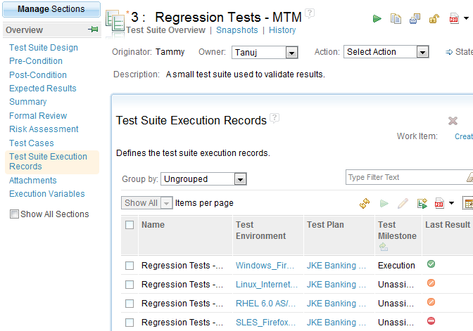 Test suite execution records