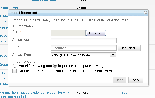 Import word documents dialog