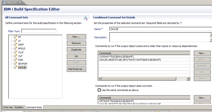 i Build Specification Editor - Command Sets