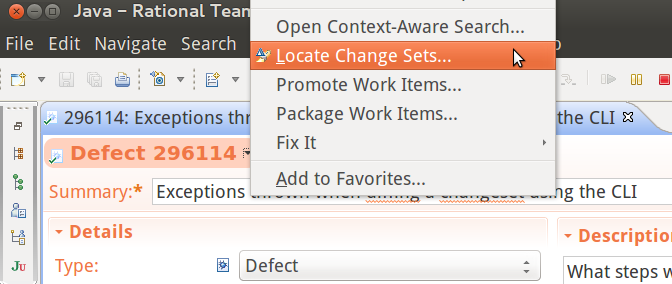The context menu for the work item editor