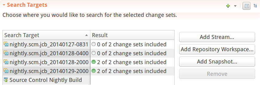 Result of locating change sets for specific builds