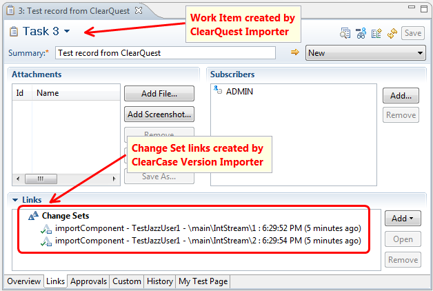 Work Item that is imported from Rational ClearQuest and has links to the change sets imported from Rational ClearCase