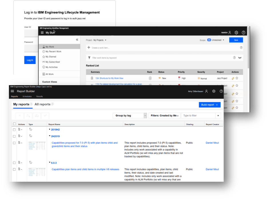 Examples of the ELM V7 log-in screen, My Stuff and Report Builder