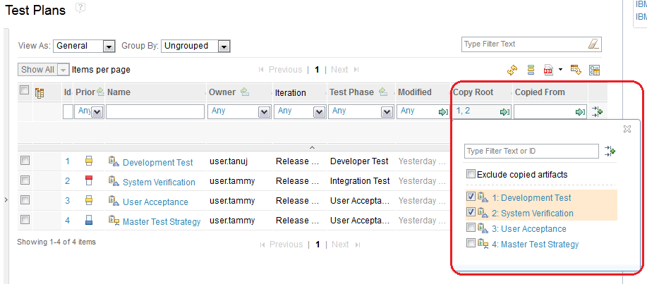 Filters in Copy Root and Copied From columns