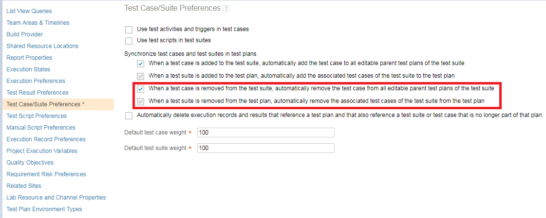 Project preferences to synchronize test cases and test suites in test plans
