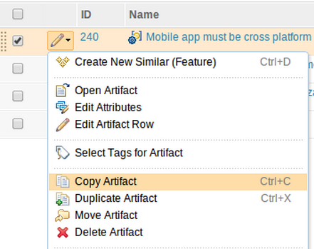 Copy artifact menu item