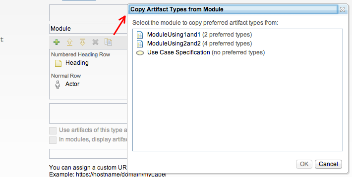 Copy artifact types from module window