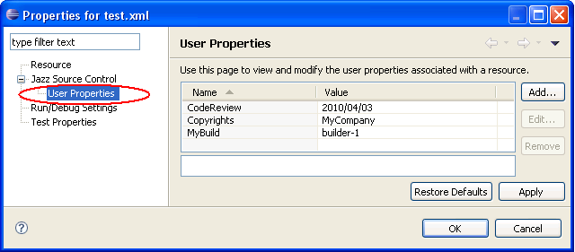 User Properties for the file test.xml