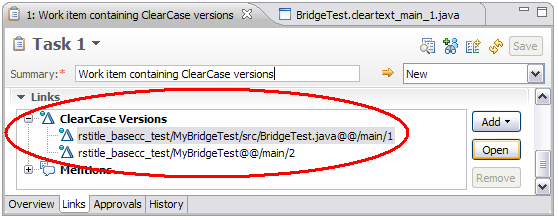 Screenshot of ClearCase version link in RTC work item