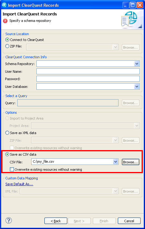 Screenshot of the ClearQuest Import Wizard with new CSV option highlighted