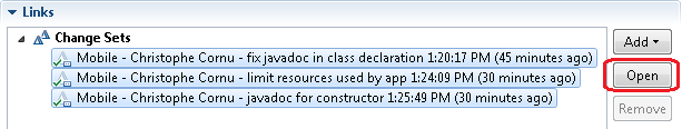 User can click on open button in Work Item links tab to open associated change sets