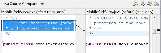 Compare Editor shows how file MobileWebView.java was modified by the 3 selected change sets