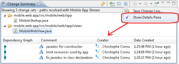 Change Summary view has an option 'show details pane' to turn on details about individual change sets affected selected file