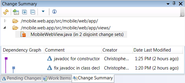 In the Client for Microsoft Visual Studio IDE, Change Summary view has an option 'show details pane' to turn on details about individual change sets affected selected file