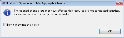 Double clicking on a file in Change Summary view with the decorator 'disjoint change sets' brings up a prompt explaining the changes cannot be aggregated and must be reviewed one by one in the details pane