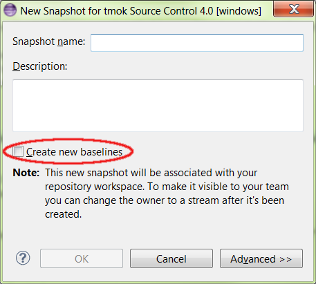 In the Eclipse client, the create snapshot dialog now has an option to create new baselines