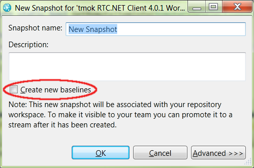 In the Client for Microsoft Visual Studio IDE, the create snapshot dialog now has an option to create new baselines