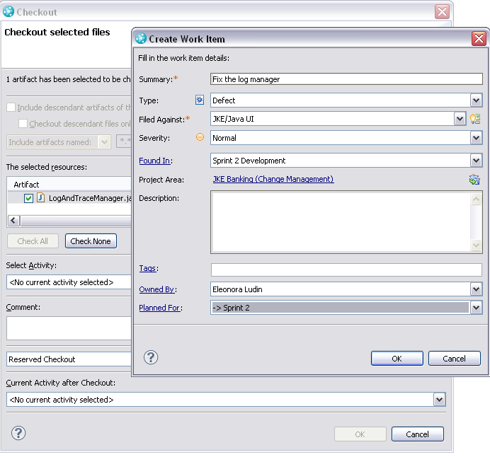 UCM Checkout dialog prompts work item creation dialog in ClearTeam Explorer