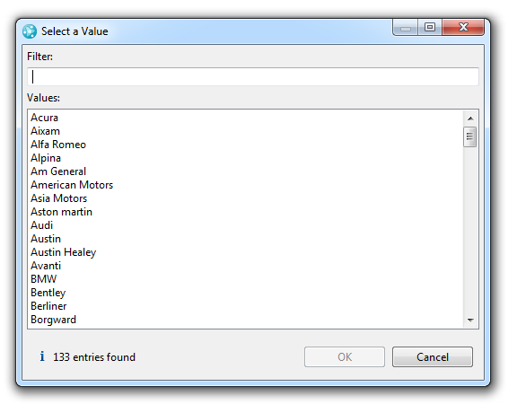 a value selection window for car makes