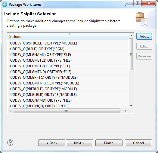 The Create Package Include Ship list wizard