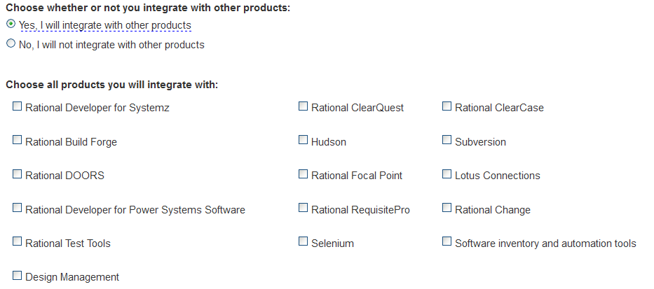 The part of the interactive upgrade guide form where you can select which products you want to integrate with