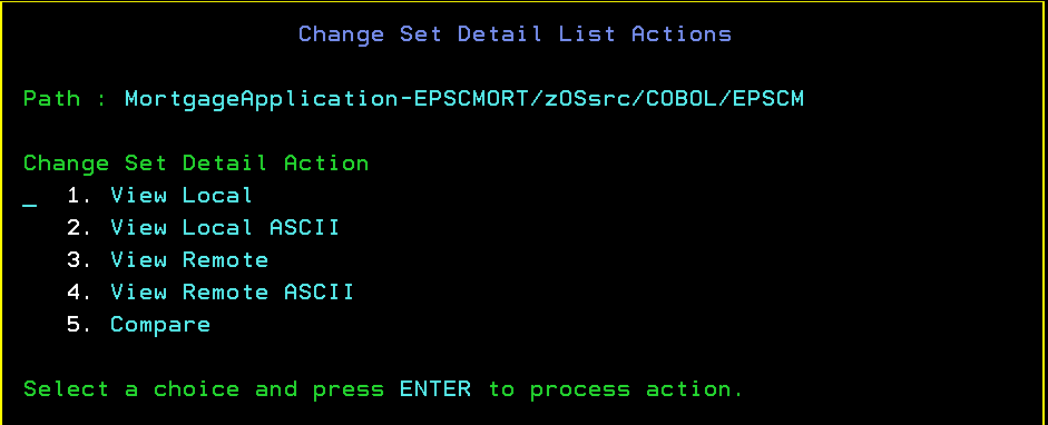 ISPF Client change set detail selection