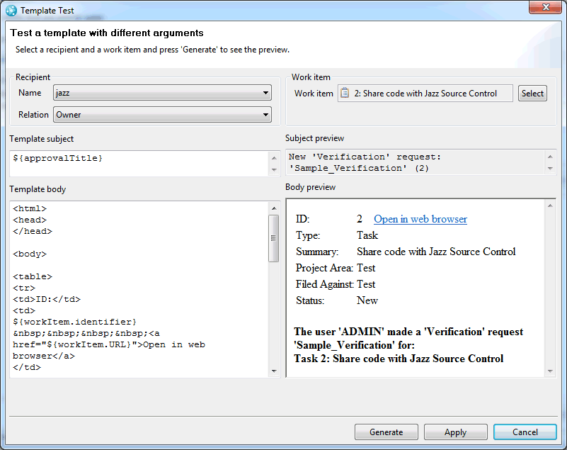 Configure mail templates in the process area