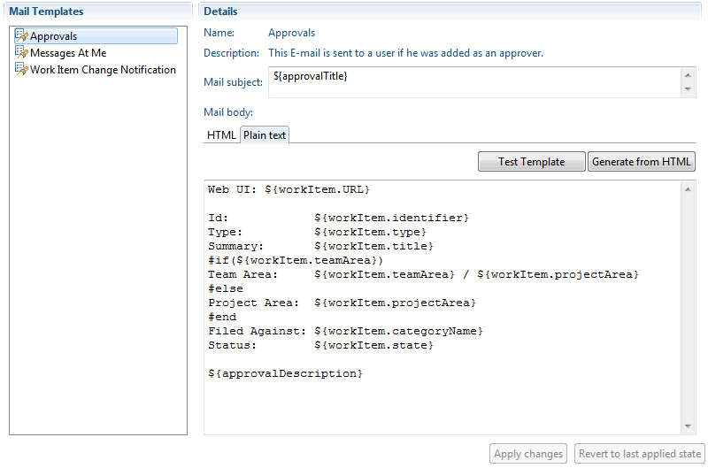 Configure mail templates in the process area