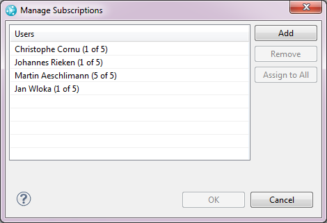 Screenshot of the Manage Subscriptions dialog