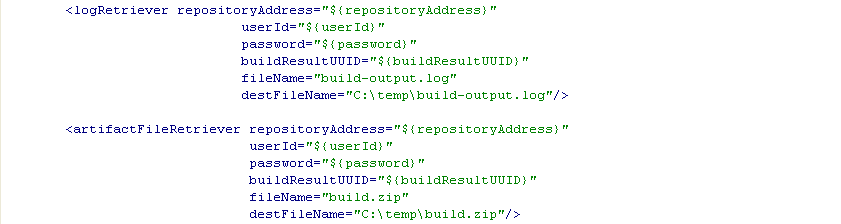 Ant task statements to retrieve logs and artifacts from build results