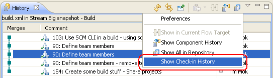From file history view, turn on Check-in History