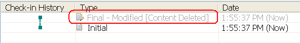 Check-in history shows entries whose content has been deleted