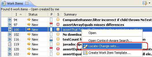 Locate change sets action is now available for a work item