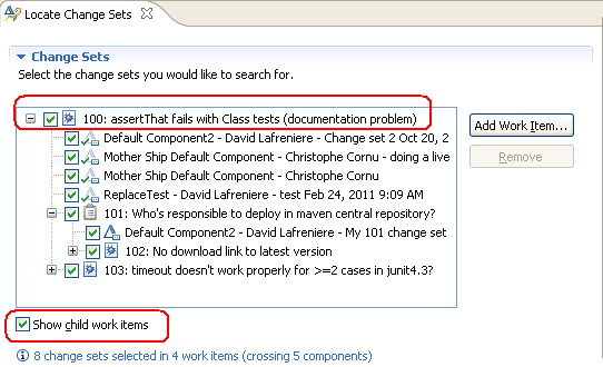 Locate Change Set editor shows hierarchy of work items and associate change sets
