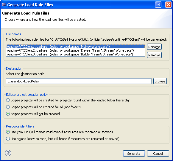 Generate load rules dialog lets you pick sandbox and export load rules into a file