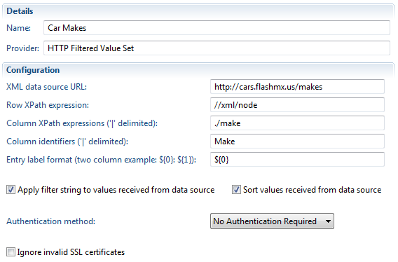configuration window of a value set provider