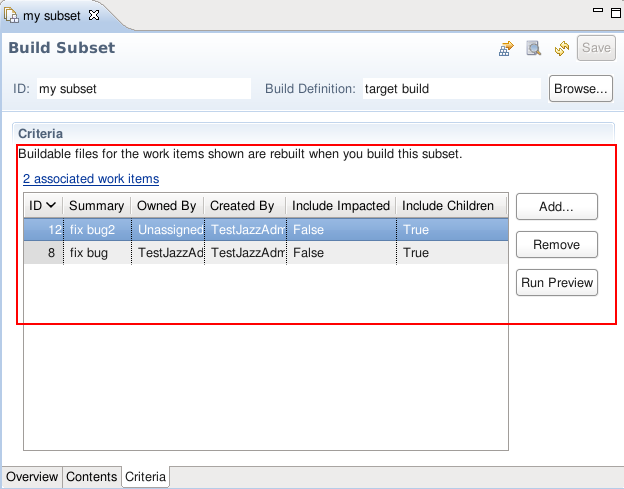 Criteria page of the subset editor