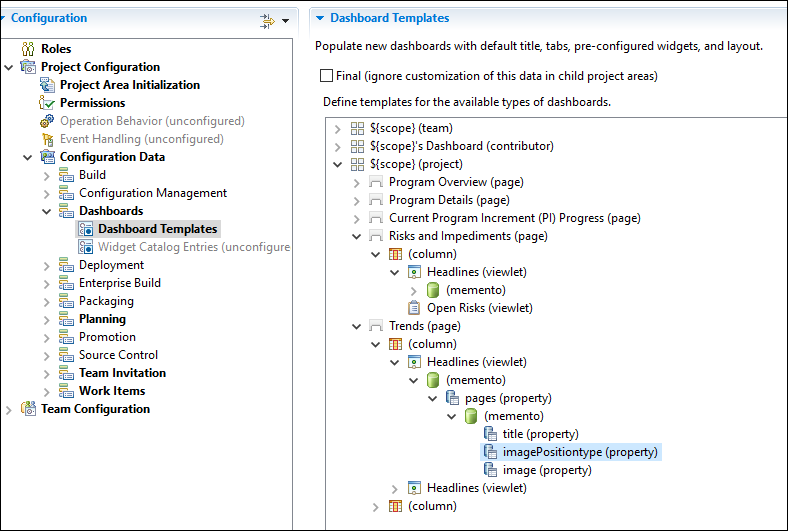 Dashboard Template  configurations