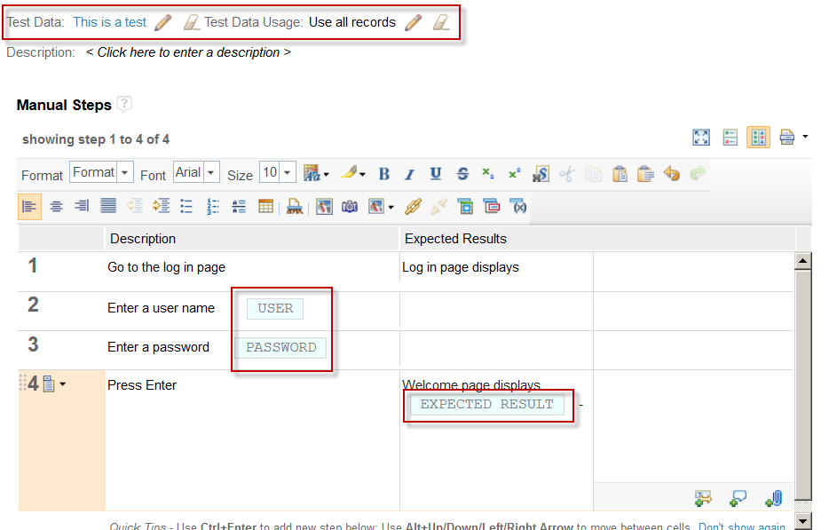 Test data associated with script