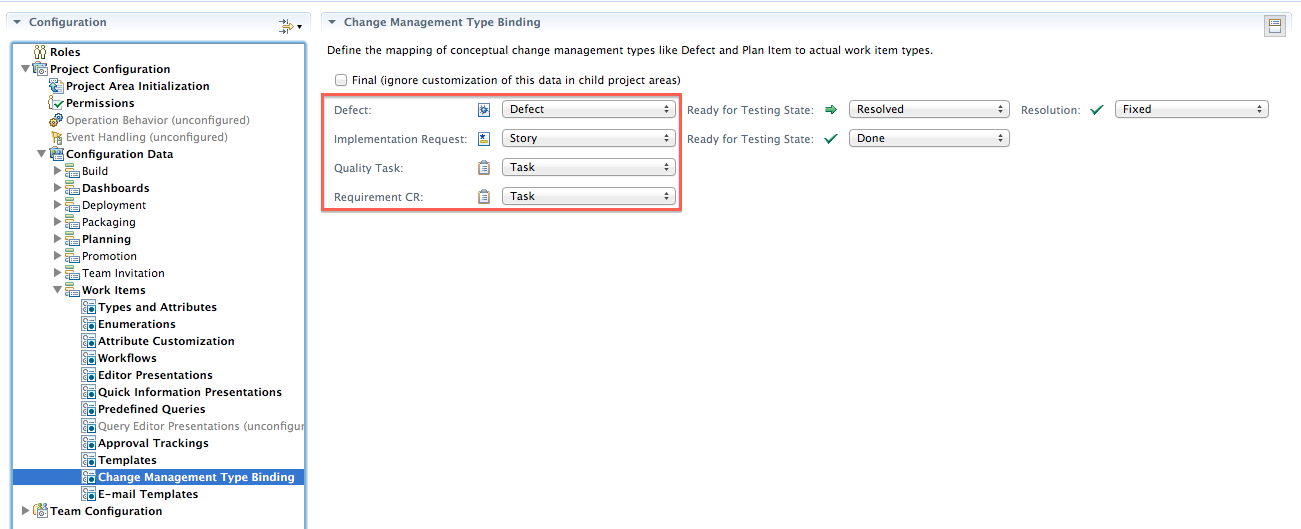 Change Management Type Binding in RTC