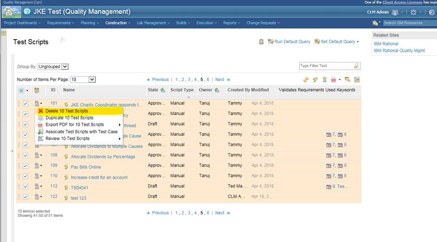 Delete multiple Test Scripts