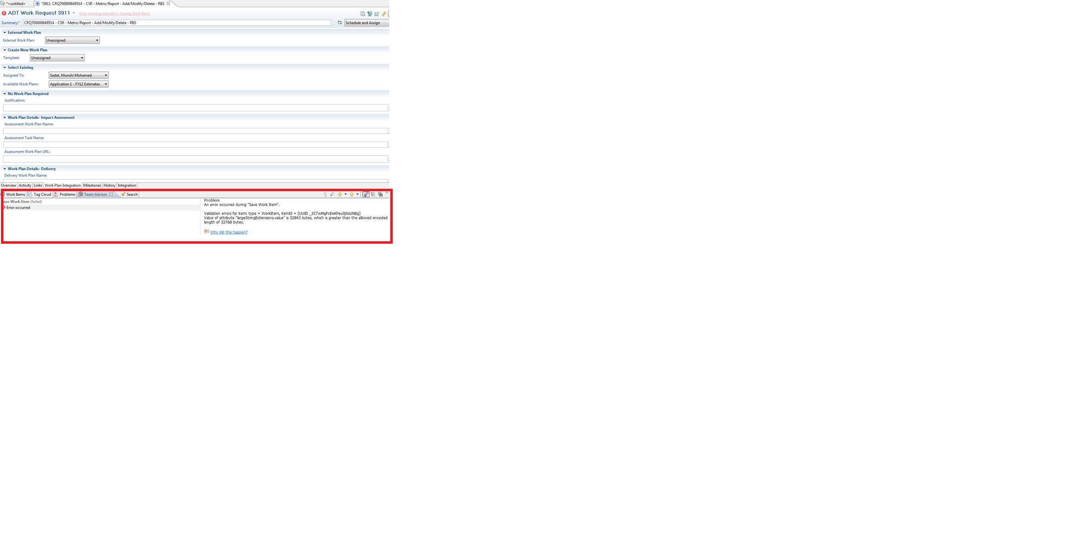 Work Item Error Attached