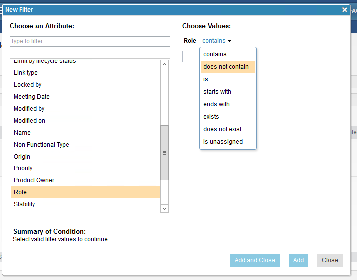 Choices supported for Filtering on Role 