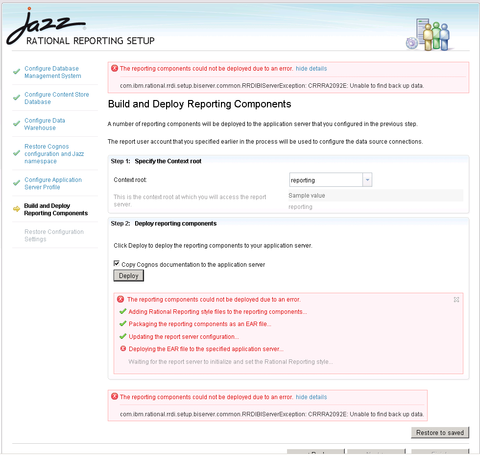 Jazz Rational Reporting Setup Error - Build & Deploy stage