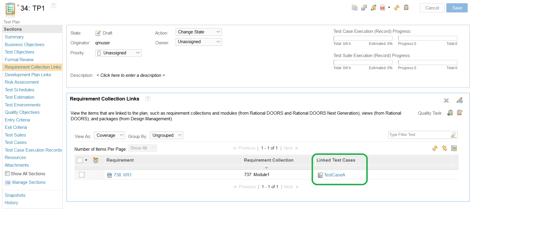 Linked Test cases Coverage View