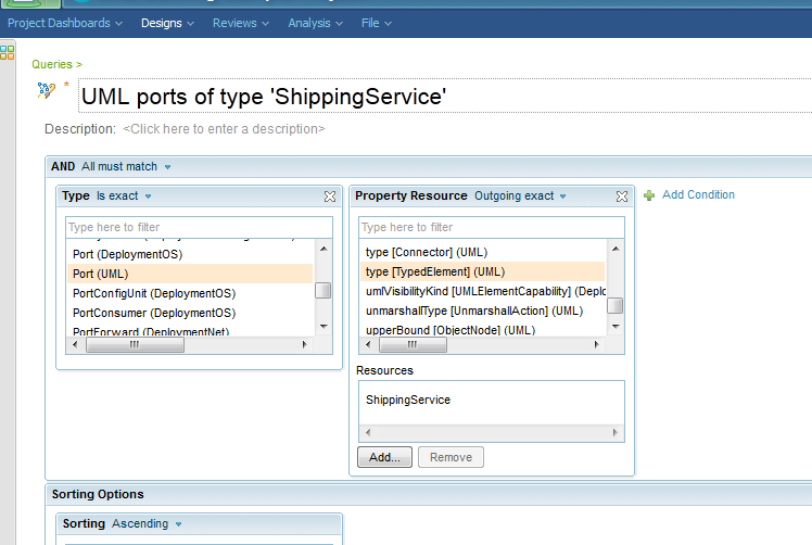 Query for UML ports of type ShippingService