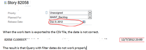 work item and CSV mismatch on date field