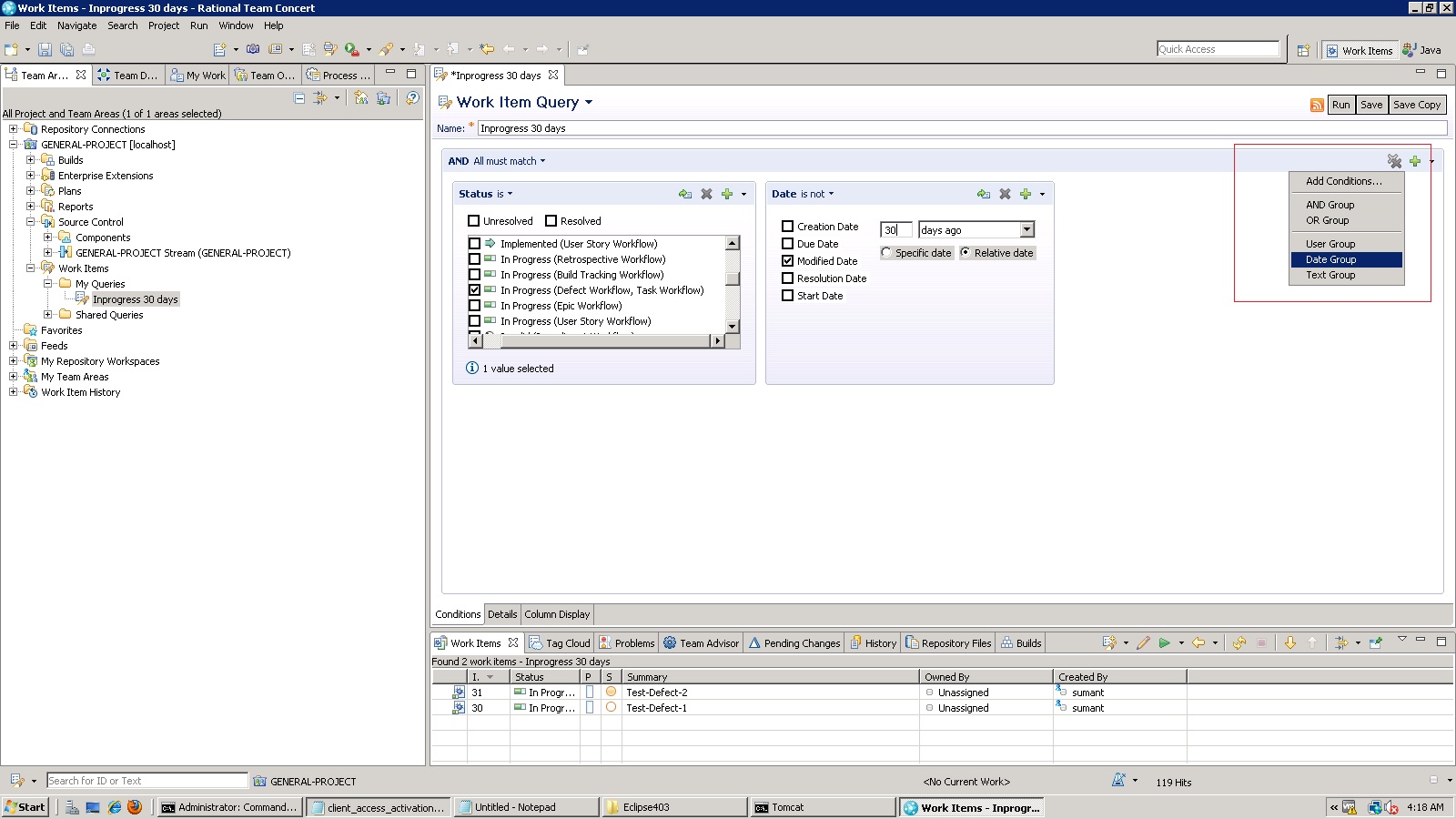 RTC query to list work items in a given status and not modified since X days