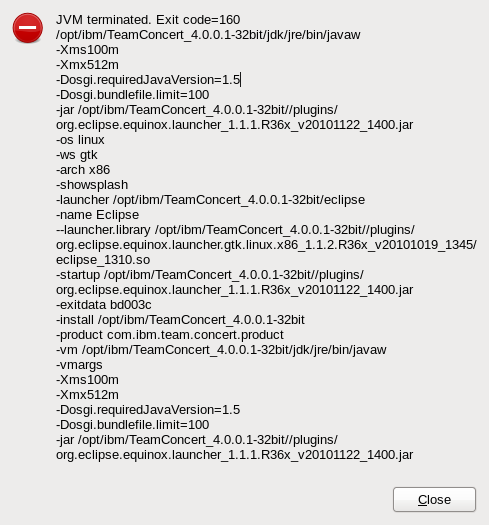 JVM Terminated. Exit Code 160 when submitting build in RTC Eclipse